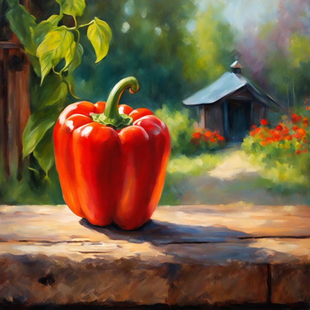 Studio Ghibli style oil painting of a vibrant red bell pepper on a rustic wooden table, with a blurred garden in the background