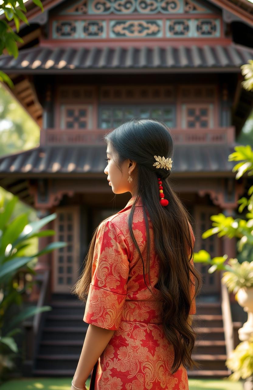 A noble girl wearing a traditional kebaya, looking back towards an elegantly designed classic Joglo house