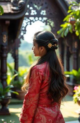 A noble girl wearing a traditional kebaya, looking back towards an elegantly designed classic Joglo house