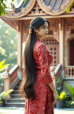 A noble girl wearing a traditional kebaya, looking back towards an elegantly designed classic Joglo house