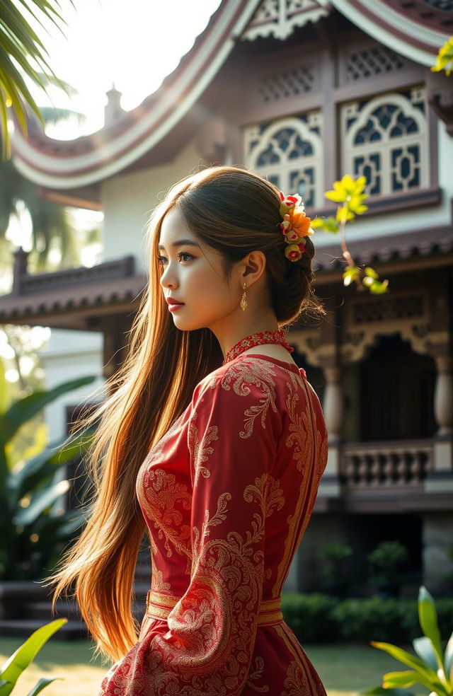 A noble girl wearing a traditional kebaya, looking back towards an elegantly designed classic Joglo house