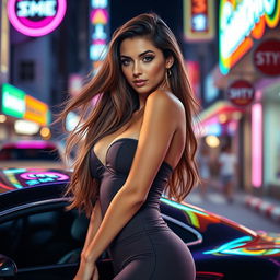 A beautiful woman with long flowing hair, dressed in a form-fitting, stylish outfit that accentuates her curves