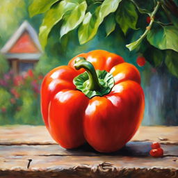 Studio Ghibli style oil painting of a vibrant red bell pepper on a rustic wooden table, with a blurred garden in the background