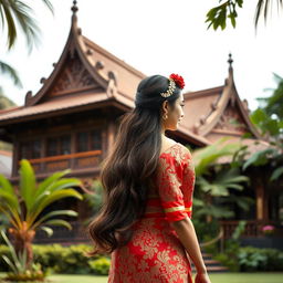 A noble girl wearing a traditional kebaya, turned away and looking back towards a beautifully designed Joglo house that exudes a classic charm