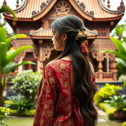 A noble girl wearing a traditional kebaya, turned away and looking back towards a beautifully designed Joglo house that exudes a classic charm