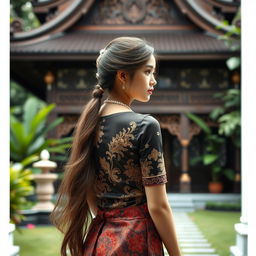 A noble girl wearing a traditional kebaya, turned away and looking back towards a beautifully designed Joglo house that exudes a classic charm