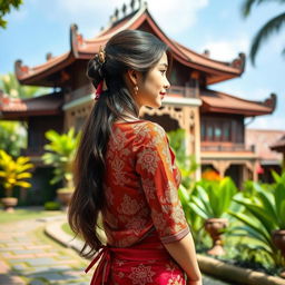 A noble girl wearing a traditional kebaya, turned away and looking back towards a beautifully designed Joglo house that exudes a classic charm