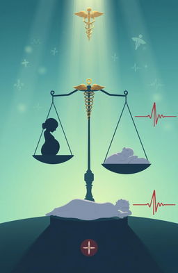 A thought-provoking illustration representing medical ethics, featuring a symbolic representation of abortion and euthanasia