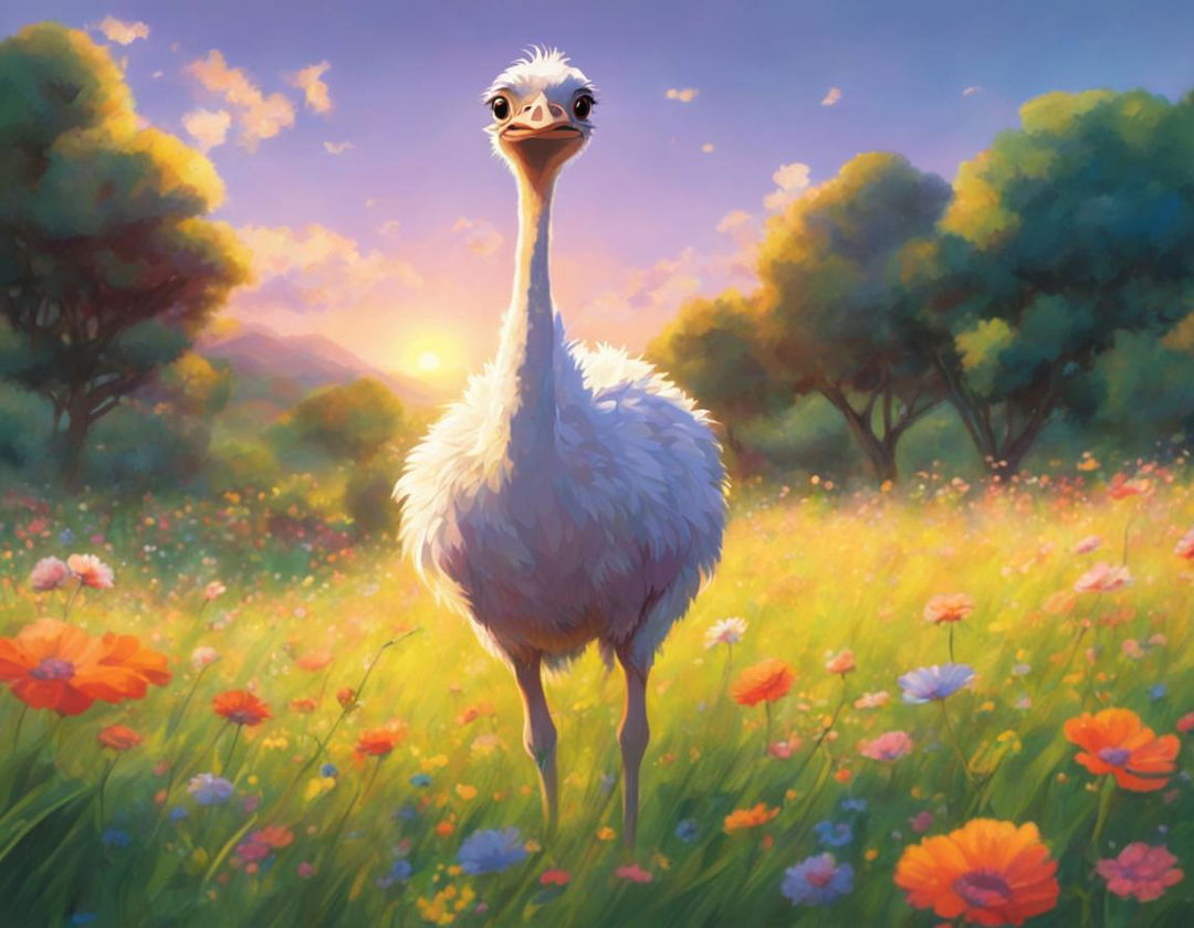 A Studio Ghibli-style ostrich standing in a vibrant meadow at sunset.