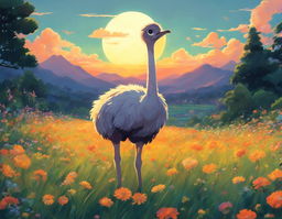 A Studio Ghibli-style ostrich standing in a vibrant meadow at sunset.