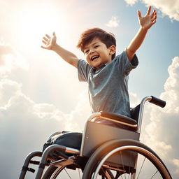 An uplifting and heartwarming scene showcasing a little boy, with short brunette hair, being gently raised out of his wheelchair