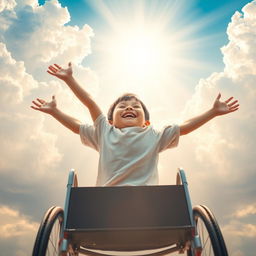 An uplifting and heartwarming scene showcasing a little boy, with short brunette hair, being gently raised out of his wheelchair