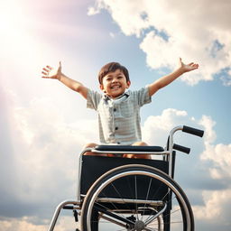 An uplifting and heartwarming scene showcasing a little boy, with short brunette hair, being gently raised out of his wheelchair