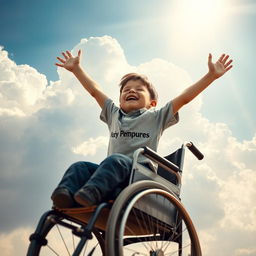 An uplifting and heartwarming scene showcasing a little boy, with short brunette hair, being gently raised out of his wheelchair
