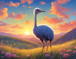 A Studio Ghibli-style ostrich standing in a vibrant meadow at sunset.