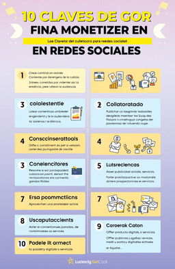 Un elegante diseño gráfico que presenta las "10 Claves de Oro para Monetizar en Redes Sociales", con un fondo vibrante y moderno