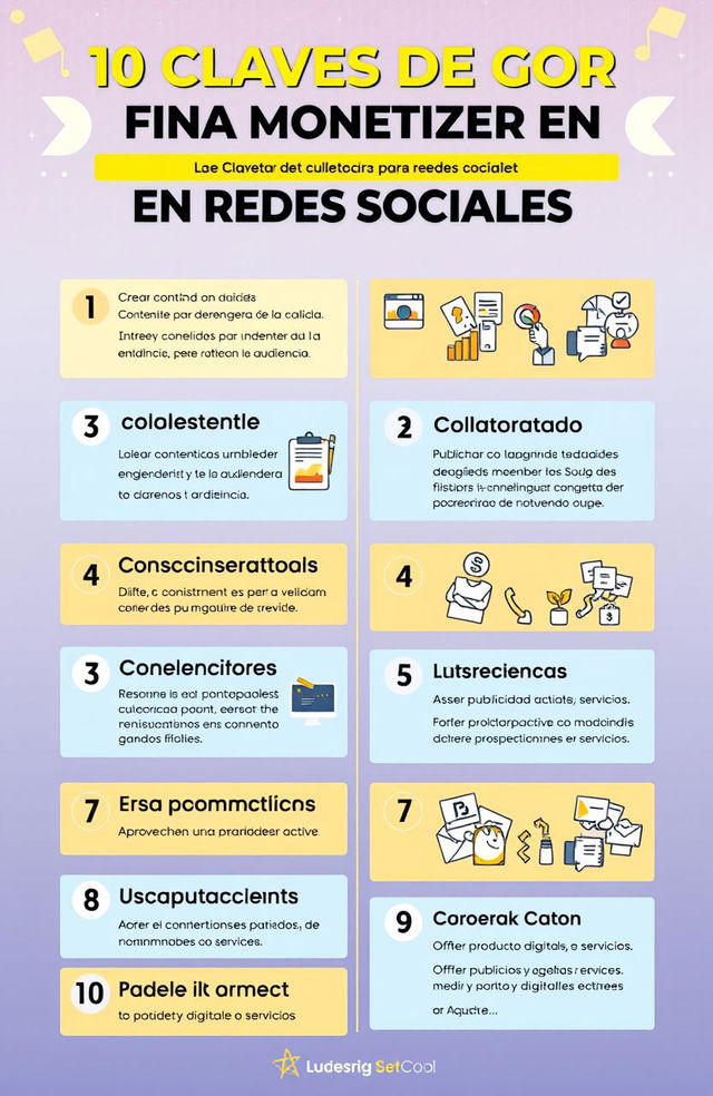 Un elegante diseño gráfico que presenta las "10 Claves de Oro para Monetizar en Redes Sociales", con un fondo vibrante y moderno