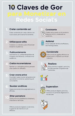 Un elegante diseño gráfico que presenta las "10 Claves de Oro para Monetizar en Redes Sociales", con un fondo vibrante y moderno