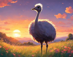 A Studio Ghibli-style ostrich standing in a vibrant meadow at sunset.