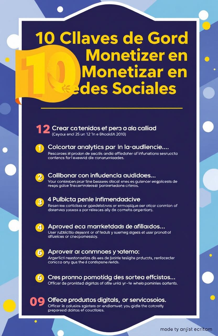 Un elegante diseño gráfico que presenta las "10 Claves de Oro para Monetizar en Redes Sociales", con un fondo vibrante y moderno