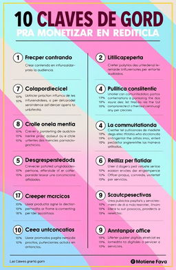 Un elegante diseño gráfico que presenta las "10 Claves de Oro para Monetizar en Redes Sociales", con un fondo vibrante y moderno