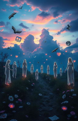 A poignant and imaginative representation of the concept of 'everything we never were', featuring a dreamlike landscape filled with surreal elements symbolizing lost opportunities and untaken paths