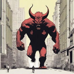 A gigantic monster with a devil's head, the size of ten towering buildings, looming over a broad boulevard in a large city