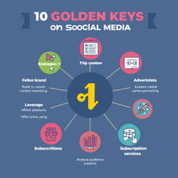 10 golden keys to monetize on social media, focusing on strategies such as building a personal brand, engaging content creation, utilizing affiliate marketing, leveraging influencer partnerships, creating digital products, exploring social media advertising, offering online courses, establishing subscription services, collaborating with other creators, and analyzing audience insights to optimize monetization tactics