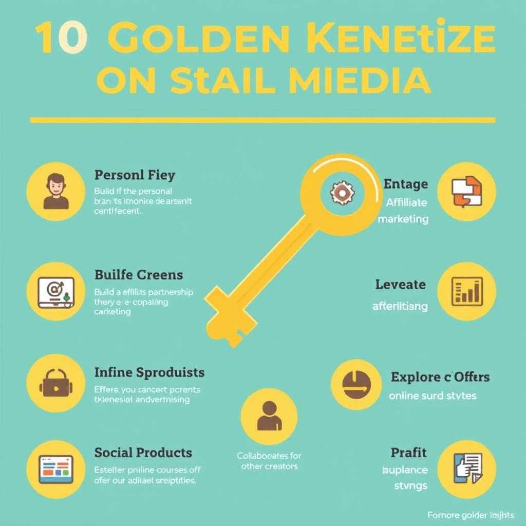 10 golden keys to monetize on social media, focusing on strategies such as building a personal brand, engaging content creation, utilizing affiliate marketing, leveraging influencer partnerships, creating digital products, exploring social media advertising, offering online courses, establishing subscription services, collaborating with other creators, and analyzing audience insights to optimize monetization tactics