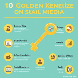 10 golden keys to monetize on social media, focusing on strategies such as building a personal brand, engaging content creation, utilizing affiliate marketing, leveraging influencer partnerships, creating digital products, exploring social media advertising, offering online courses, establishing subscription services, collaborating with other creators, and analyzing audience insights to optimize monetization tactics