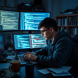 A focused software developer intently coding on a laptop, surrounded by high-tech gadgets and multiple monitors displaying vibrant lines of code