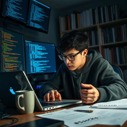 A focused software developer intently coding on a laptop, surrounded by high-tech gadgets and multiple monitors displaying vibrant lines of code