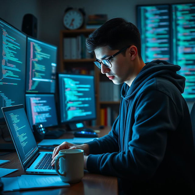 A focused software developer intently coding on a laptop, surrounded by high-tech gadgets and multiple monitors displaying vibrant lines of code