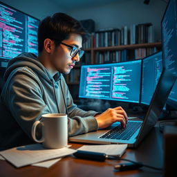 A focused software developer intently coding on a laptop, surrounded by high-tech gadgets and multiple monitors displaying vibrant lines of code