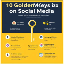 10 golden keys to monetize on social media, focusing on strategies such as building a personal brand, engaging content creation, utilizing affiliate marketing, leveraging influencer partnerships, creating digital products, exploring social media advertising, offering online courses, establishing subscription services, collaborating with other creators, and analyzing audience insights to optimize monetization tactics