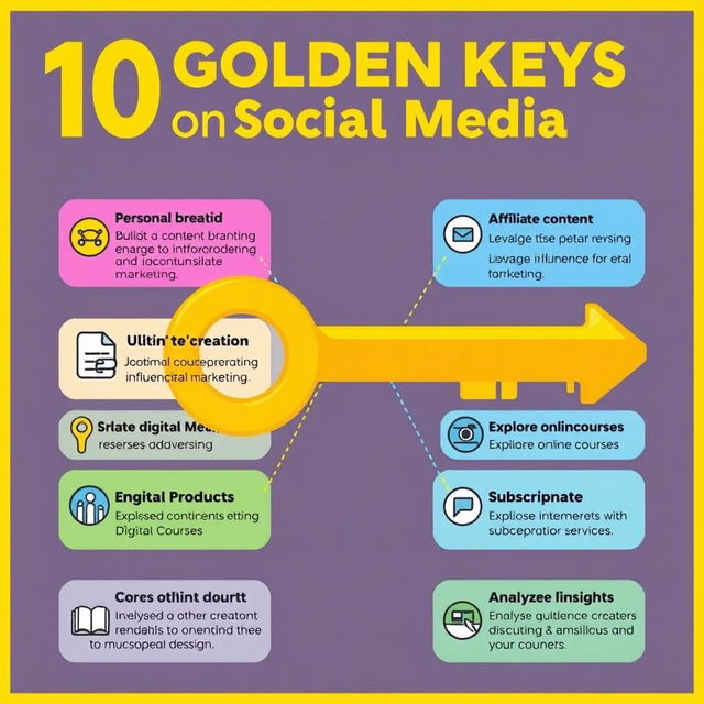 10 golden keys to monetize on social media, focusing on strategies such as building a personal brand, engaging content creation, utilizing affiliate marketing, leveraging influencer partnerships, creating digital products, exploring social media advertising, offering online courses, establishing subscription services, collaborating with other creators, and analyzing audience insights to optimize monetization tactics