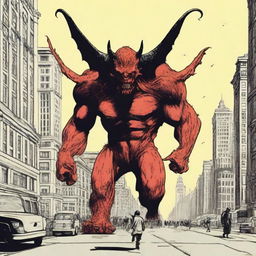 A gigantic monster with a devil's head, the size of ten towering buildings, looming over a broad boulevard in a large city