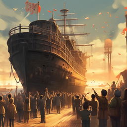 Generate an image in the style of Makoto Shinkai illustrating a poem. The scene shows a weathered ship that has completed its journey, approaching a port. Cheering people, jingling bells, and a steady, bold, grim vessel are the primary elements.