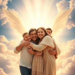 A serene and uplifting scene depicting a husband and wife joyfully reunited in heaven, surrounded by their three adult sons