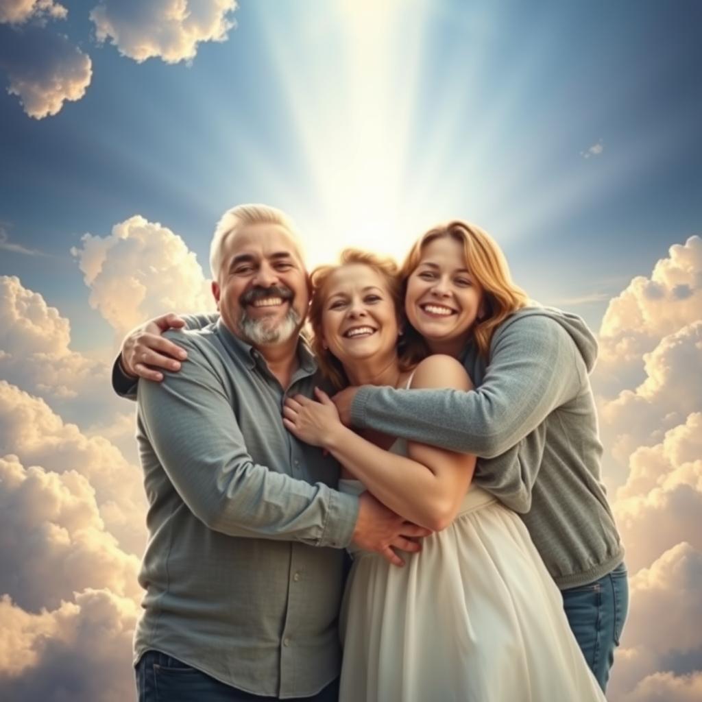 A serene and uplifting scene depicting a husband and wife joyfully reunited in heaven, surrounded by their three adult sons