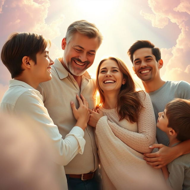 A serene and uplifting scene depicting a husband and wife joyfully reunited in heaven, surrounded by their three adult sons