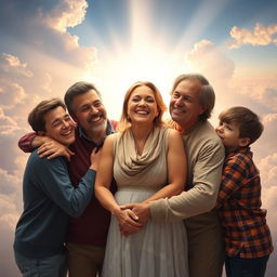 A serene and uplifting scene depicting a husband and wife joyfully reunited in heaven, surrounded by their three adult sons