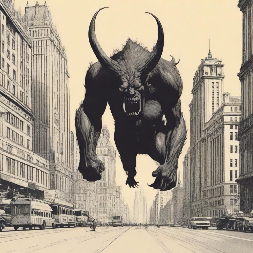 A gigantic monster with a devil's head, the size of ten towering buildings, looming over a broad boulevard in a large city