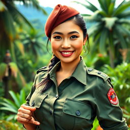 A stunningly beautiful Indonesian female soldier, radiating confidence and allure, with a curvy figure and impressive large breasts that draw attention
