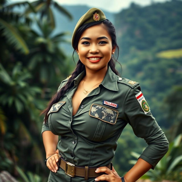 A stunningly beautiful Indonesian female soldier, radiating confidence and allure, with a curvy figure and impressive large breasts that draw attention