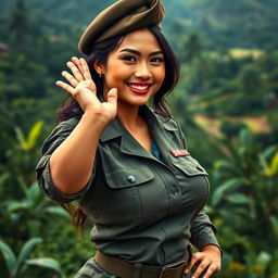 A stunningly beautiful Indonesian female soldier, radiating confidence and allure, with a curvy figure and impressive large breasts that draw attention