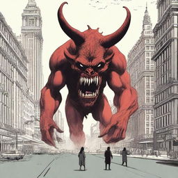 A gigantic monster with a devil's head, the size of ten towering buildings, looming over a broad boulevard in a large city