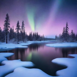 A serene Alaska winter landscape featuring snow-laden trees against the backdrop of a twilight sky