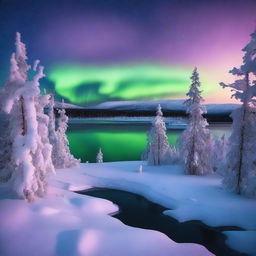 A serene Alaska winter landscape featuring snow-laden trees against the backdrop of a twilight sky