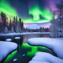 A serene Alaska winter landscape featuring snow-laden trees against the backdrop of a twilight sky